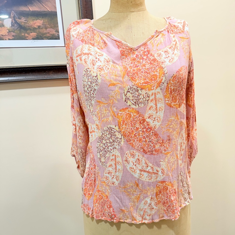 Renee C Paisley Floral Pink and Orange Blouse